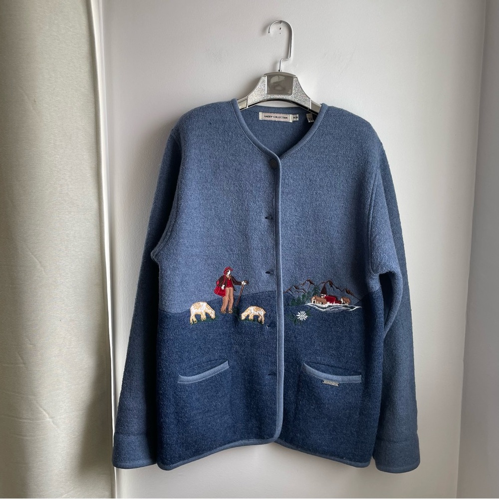 Handcrafted Art to wear Embroidered Sweater Cardigan 100% Wool Cottagecore Boho